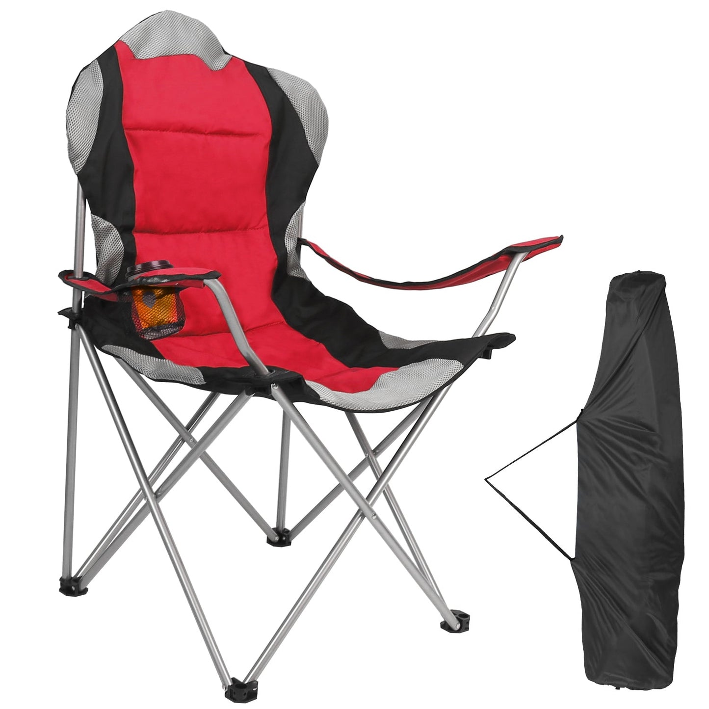 Foldable Camping Chair Heavy Duty Steel Lawn Chair Padded Seat Arm Back Beach Chair 330LBS Max Load with Cup Holder Carry Bag - Red by VYSN