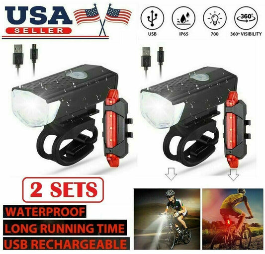 2Pcs/Set USB Rechargeable LED Bicycle Headlight Bike Front Rear Lamp Cycling USA by Plugsus Home Furniture