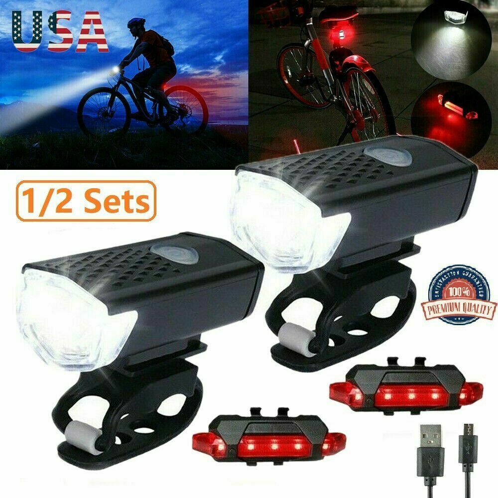 2Pcs/Set USB Rechargeable LED Bicycle Headlight Bike Front Rear Lamp Cycling USA by Plugsus Home Furniture