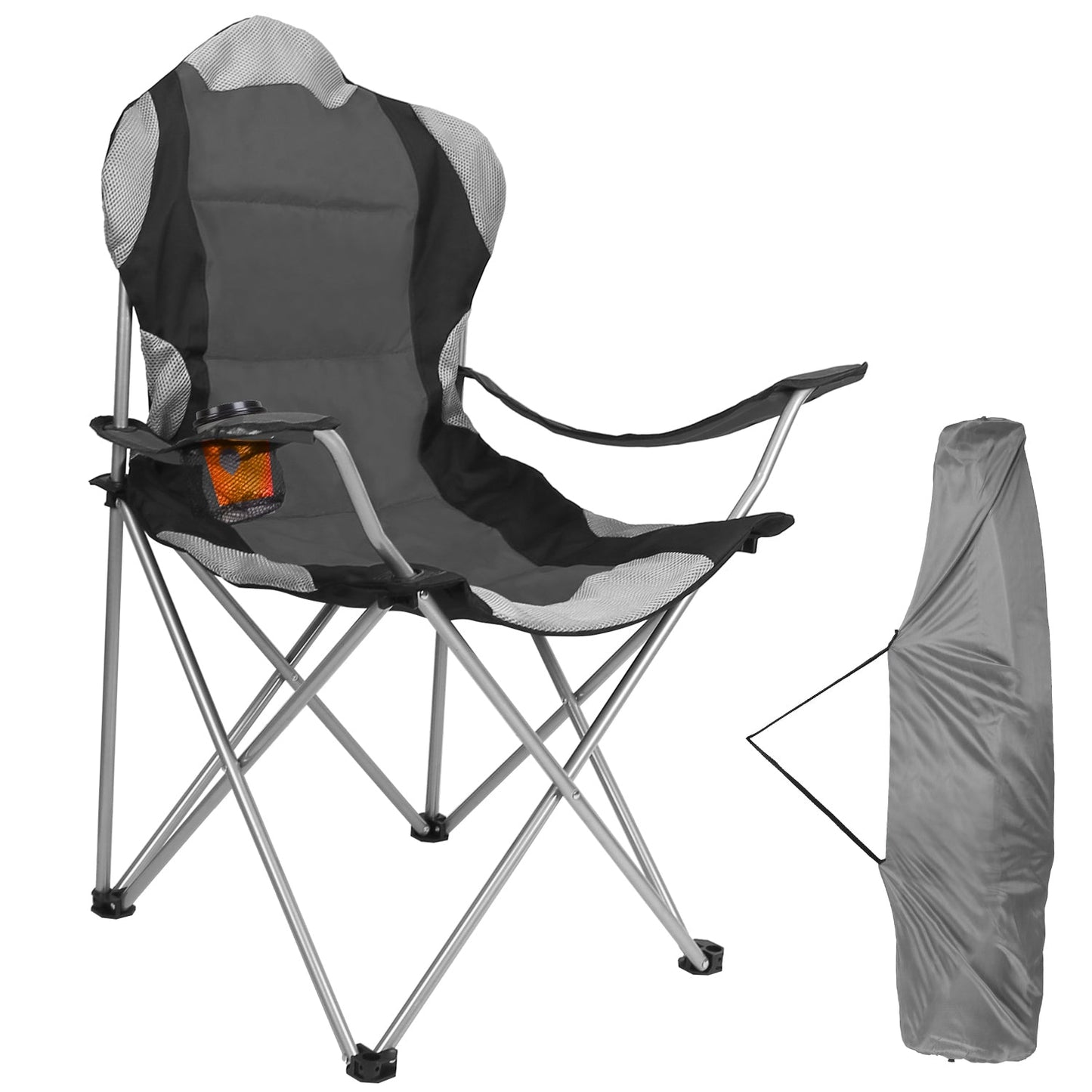 Foldable Camping Chair Heavy Duty Steel Lawn Chair Padded Seat Arm Back Beach Chair 330LBS Max Load with Cup Holder Carry Bag - Gray by VYSN